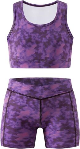 Chichoo الفتيات 2 قطعة مجموعة رياضية تجريب ملابس شرطي تانك القمم دراجة قصيرة الجري الجمباز يهتف أكتيفيوير 6-12 سنة in Kuwait