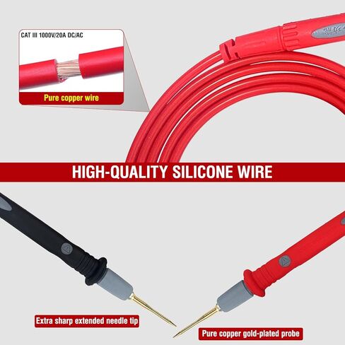 Professional Multimeter Test Leads Kit,Extra-Long Soft Silicone Meter Leads 1000V 20A, High Temperature, Freeze & Tear Resistant for Fluke, Klein,AstroAI, Interchangeable Hard & Soft Probe Tips in Kuwait