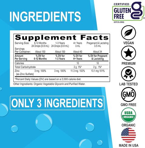 مكملات الزنك السائلة قطرات عضوية - قطرات مكملات الزنك السائلة الأيونية العضوية النقية للأطفال والكبار والنساء والرجال - نباتي، مكملات دعم مناعة الجلد للأطفال الصغار والبالغين والنساء والرجال 118 مل in Kuwait