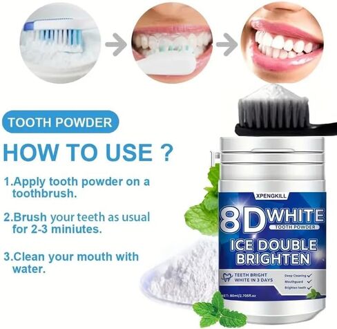 مسحوق تبييض الأسنان 8D White، 50 جرام، تنظيف عميق، نكهة النعناع، ​​مناسب للسفر in Kuwait