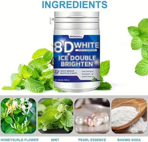 مسحوق تبييض الأسنان 8D White، 50 جرام، تنظيف عميق، نكهة النعناع، ​​مناسب للسفر in Kuwait