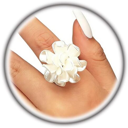 Unique Flower Adjustable Statement Ring for Women,Gold Plated White Camellia Rose Ring,Clear Floral Petal Round Pearl Wedding Promise Finger Ring in Kuwait