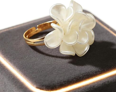 Unique Flower Adjustable Statement Ring for Women,Gold Plated White Camellia Rose Ring,Clear Floral Petal Round Pearl Wedding Promise Finger Ring in Kuwait