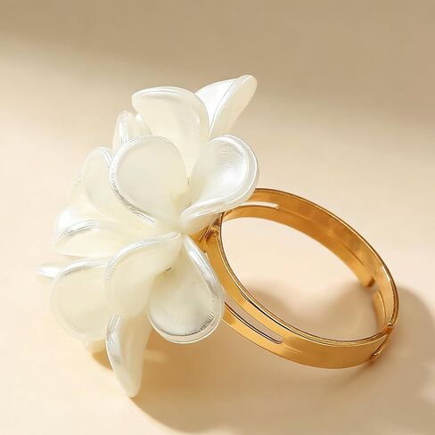 Unique Flower Adjustable Statement Ring for Women,Gold Plated White Camellia Rose Ring,Clear Floral Petal Round Pearl Wedding Promise Finger Ring in Kuwait