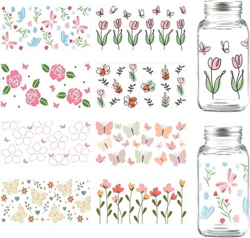 Plant Butterfly UV DTF Cup Wraps for 16 Oz, 8sheet Butterfly and Flower Rub on Transfers Decal for 16oz Glass Cups,Waterproof Transfer UV DTF Stickers for Glass,Cup Stickers Decals for DIY Crafts in Kuwait