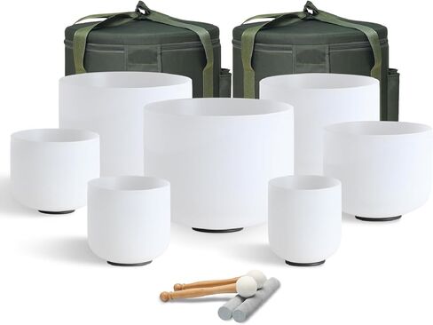 432 هرتز 6-12 بوصة كريستال الغناء السلطانية مجموعة من 7 مع 2 قطعة حقيبة حمل ثقيلة خضراء، أوعية شفاء صوت كريستال كوارتز بلوري لشاكرا، والتأمل، والعلاج الصوتي in Kuwait