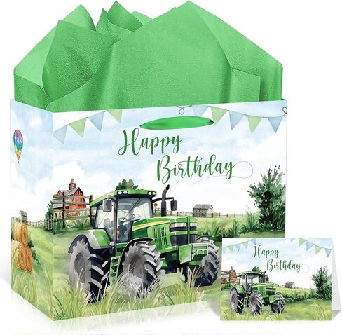 EoBeCy Tractor Birthday Gift Bags with Handles, Tissue Papers and Card, Farm Themed Wrapping Paper for Baby Boys Kids Men Birthday Party Decorations in Kuwait