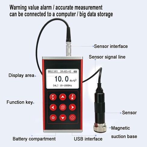 0.1-199.9 M / S2 Digital Vibration Meter, Handheld Digital Vibration Analyer Tester, 3 HZ - 1 KHZ Frequency & 180 RPM - 60000 RPM Speed Measurement, Split Probe, Over Limit Alarm in Kuwait