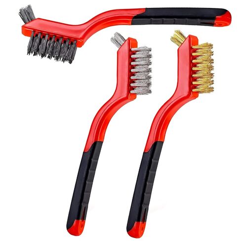 Wire Brush Set 3Pcs - Nylon/Brass/Stainless Steel Bristles with Curved Handle Grip for Rust, Dirt & Paint Scrubbing with Deep Cleaning – 7 Inches (Red) in Saudi Arabia