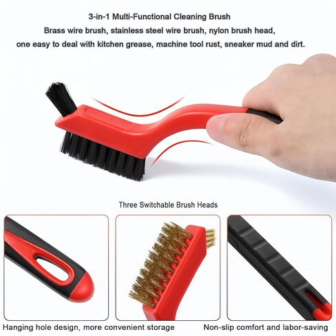 Wire Brush Set 3Pcs - Nylon/Brass/Stainless Steel Bristles with Curved Handle Grip for Rust, Dirt & Paint Scrubbing with Deep Cleaning – 7 Inches (Red) in Saudi Arabia