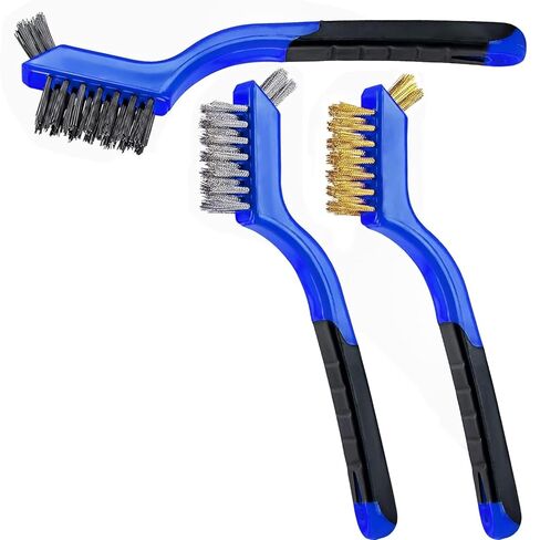Wire Brush Set 3Pcs - Nylon/Brass/Stainless Steel Bristles with Curved Handle Grip for Rust, Dirt & Paint Scrubbing with Deep Cleaning – 7 Inches (Blue) in Saudi Arabia