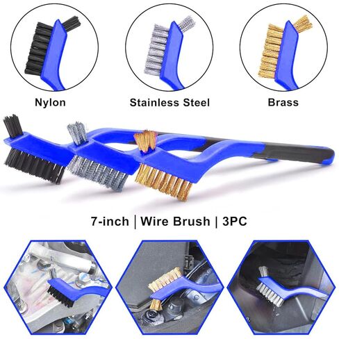 Wire Brush Set 3Pcs - Nylon/Brass/Stainless Steel Bristles with Curved Handle Grip for Rust, Dirt & Paint Scrubbing with Deep Cleaning – 7 Inches (Blue) in Saudi Arabia