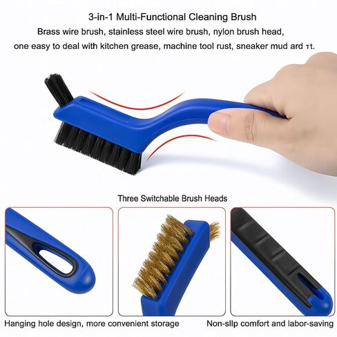 Wire Brush Set 3Pcs - Nylon/Brass/Stainless Steel Bristles with Curved Handle Grip for Rust, Dirt & Paint Scrubbing with Deep Cleaning – 7 Inches (Blue) in Saudi Arabia