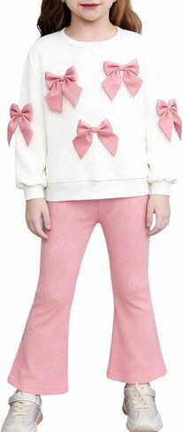 Girls Long Sleeved Sweatshirt and Pants Set Bowknot Round Neck Pullover with Solid Color Wide Leg Flared Pants 1-8 Years in Saudi Arabia