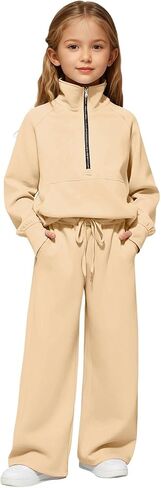 Girls Half Zip 2 Piece Sweatsuits Pullover tops for Teen kids Sweatshirts and Jogger Sweatpants Sweat Set Thumb Hole in Saudi Arabia