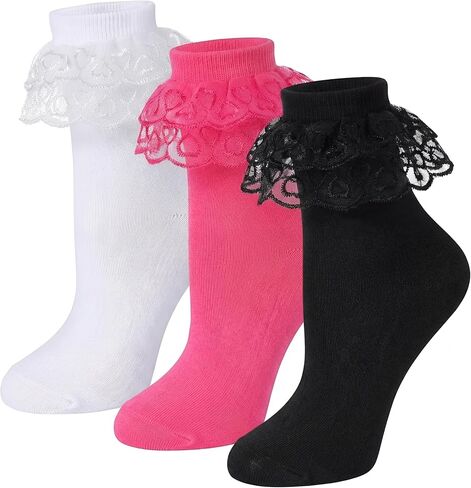 Geyoga 3 Pairs Women Heart Ruffle Socks Lace Frilly Ankle Comfortable Cotton Princess Lolita Socks for Ladies in Saudi Arabia