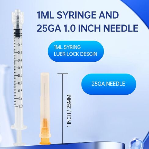 1ml Syringes with Needle 25G 1 Inch, Sterile Individually Wrapped, 1cc Syringe Luer Lock Tip, 100-Pack Scientific Lab Use in Kuwait
