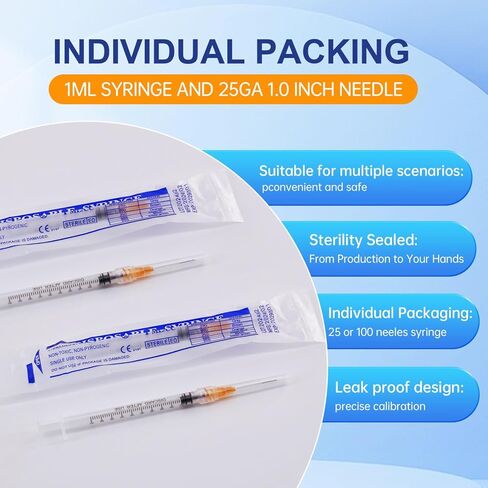 1ml Syringes with Needle 25G 1 Inch, Sterile Individually Wrapped, 1cc Syringe Luer Lock Tip, 100-Pack Scientific Lab Use in Kuwait