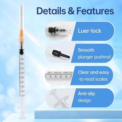 1ml Syringes with Needle 25G 1 Inch, Sterile Individually Wrapped, 1cc Syringe Luer Lock Tip, 100-Pack Scientific Lab Use in Kuwait