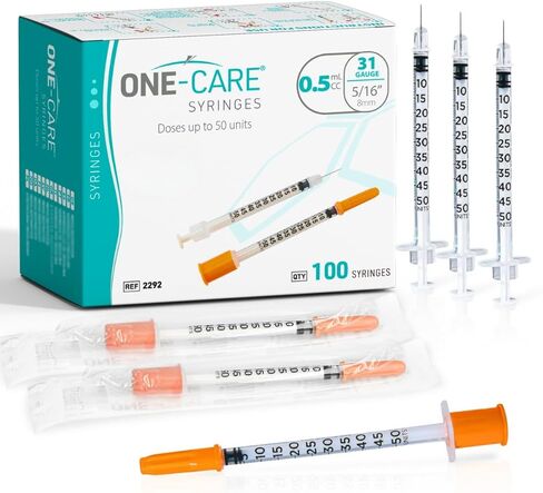 ONE-CARE Syringe 0.5 ml/cc, 31G x 5/16’’ (8mm), Individually Wrapped, Orange Cap, 100 Dispensers Lab per Box in Kuwait