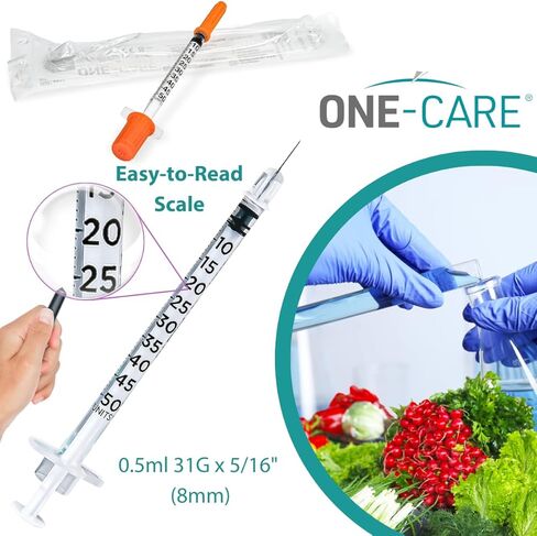 ONE-CARE Syringe 0.5 ml/cc, 31G x 5/16’’ (8mm), Individually Wrapped, Orange Cap, 100 Dispensers Lab per Box in Kuwait
