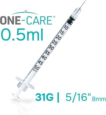 ONE-CARE Syringe 0.5 ml/cc, 31G x 5/16’’ (8mm), Individually Wrapped, Orange Cap, 100 Dispensers Lab per Box in Kuwait