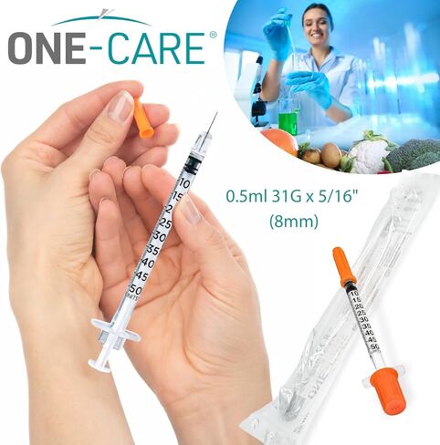 ONE-CARE Syringe 0.5 ml/cc, 31G x 5/16’’ (8mm), Individually Wrapped, Orange Cap, 100 Dispensers Lab per Box in Kuwait