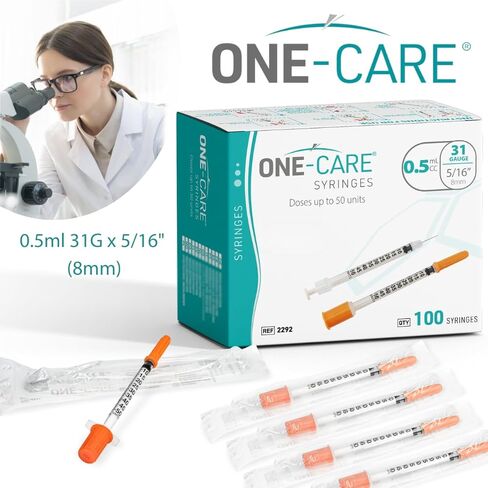 ONE-CARE Syringe 0.5 ml/cc, 31G x 5/16’’ (8mm), Individually Wrapped, Orange Cap, 100 Dispensers Lab per Box in Kuwait