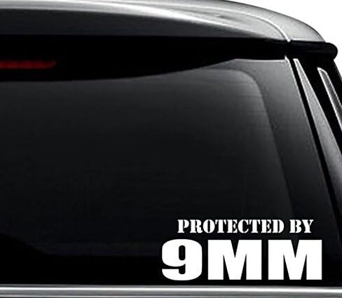 Protected by 9MM Gun Decal Sticker For Use On Laptop, Helmet, Car, Truck, Motorcycle, Windows, Bumper, Wall, and Decor Size- [6 inch] / [15 cm] Wide / Color- Matte White in Saudi Arabia