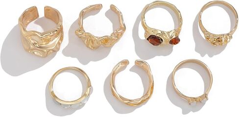 Chunky Gold Red Crystal Statement Ring Set Irregular Liquid Metal Vintage Opal Stacking Ring Moonstone Non Tarnish Jewelry in Saudi Arabia