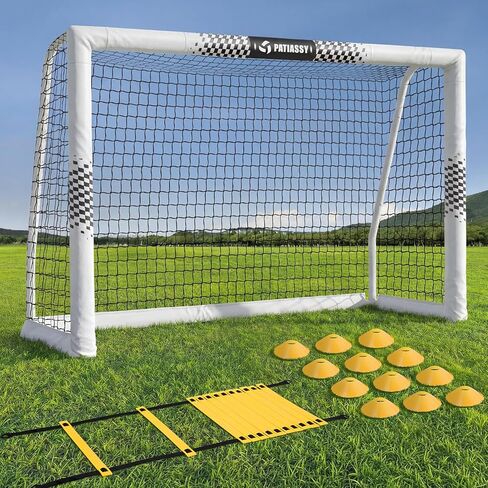 هدف كرة القدم للفناء الخلفي، شبكة كرة قدم شديدة التحمل مقاس 8x6/6x4 قدم مع عمود معدني مبطن بالفوم الآمن، أهداف متينة مع مجموعة تدريب سلم خفة الحركة و12 مخروطًا لممارسة الشباب والكبار in Kuwait