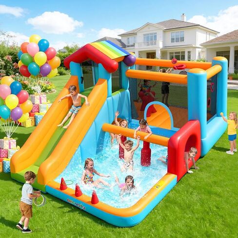 Akeydiy Bound House ، House Bounce House القابل للنفخ للأطفال مع منفاخ ، مشمل ، مسرح داخلي/خارجي من المعكرون Pink Macaron House Kids Bouncy House for Backyard (Pink Macaron Bounce House) in Kuwait