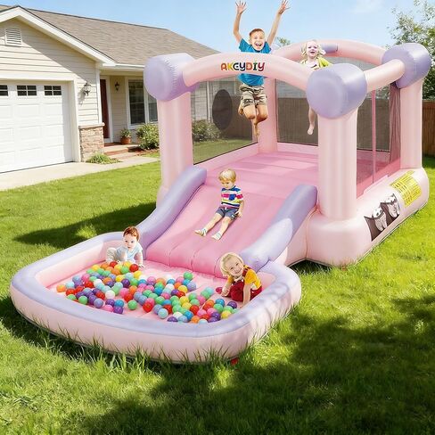 Akeydiy Bound House ، House Bounce House القابل للنفخ للأطفال مع منفاخ ، مشمل ، مسرح داخلي/خارجي من المعكرون Pink Macaron House Kids Bouncy House for Backyard (Pink Macaron Bounce House) in Kuwait