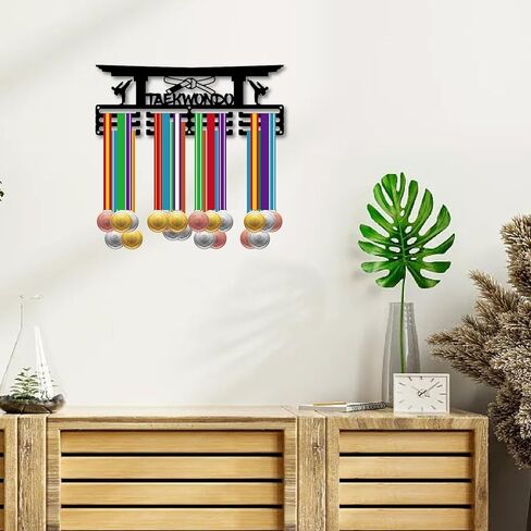 CREATCABIN Taekwondo Medal Holder Medal Hanger Medal Hanging Decor Medal Rack Display Wall Mounted 3 Lines Design Room Home Decoration Gift for Taekwondo Player Race Winner Black 15.7x5.9 Inch in Saudi Arabia