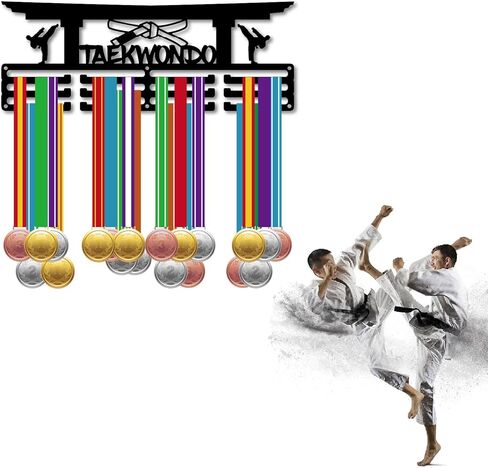 CREATCABIN Taekwondo Medal Holder Medal Hanger Medal Hanging Decor Medal Rack Display Wall Mounted 3 Lines Design Room Home Decoration Gift for Taekwondo Player Race Winner Black 15.7x5.9 Inch in Saudi Arabia