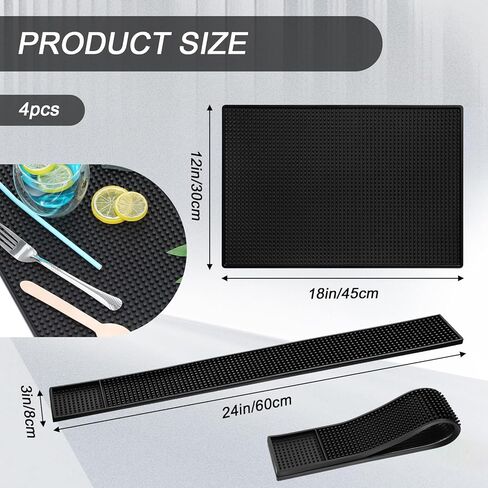 simarro 4 Pcs Thick Rubber Bar Mats for Bartending, 2 Different Sizes 18" X 12"+24" X 3" Black Large Bar Service Mat Durable Non-Slip Coffee Spill Mat for Countertop for Home Kitchen in Kuwait