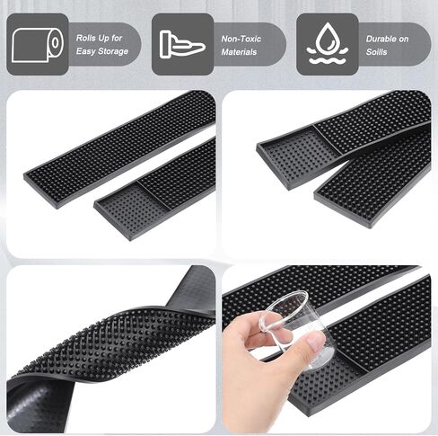 simarro 4 Pcs Thick Rubber Bar Mats for Bartending, 2 Different Sizes 18" X 12"+24" X 3" Black Large Bar Service Mat Durable Non-Slip Coffee Spill Mat for Countertop for Home Kitchen in Kuwait