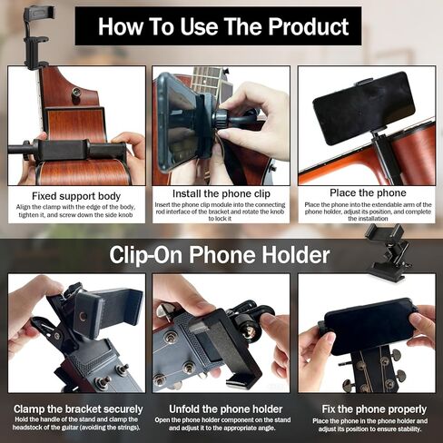 حامل هاتف الجيتار، مع نمطين، حامل هاتف الجيتار القابل للتعديل هذا يناسب الجيتارات/القيثارة (سُمك 2.36 بوصة - 4.13 بوصة) إنه مثالي للدروس وتسجيل الدروس المباشرة in Kuwait