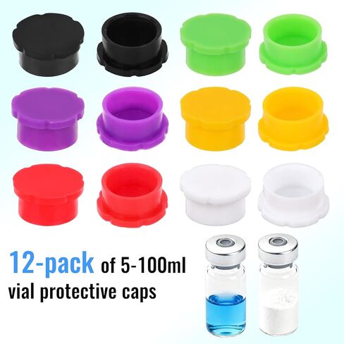 12pcs 5-100ml Glass Vial Protective Caps, 6 Colors Leakproof Dust-Proof Twist-Off Silicone Cap Covers for Injection Vials Liquid Storage & Laboratory Use in Saudi Arabia