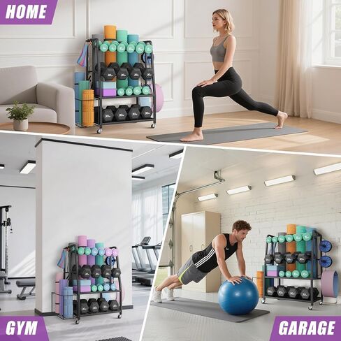 حامل دمبل من VOPEAK لصالة الألعاب الرياضية المنزلية، حامل حامل وزن قابل للتعديل مع عجلات، منظم تخزين فولاذي شديد التحمل للدمبل وحصيرة اليوغا، مع عجلات قفل وخطافات جانبية in Kuwait