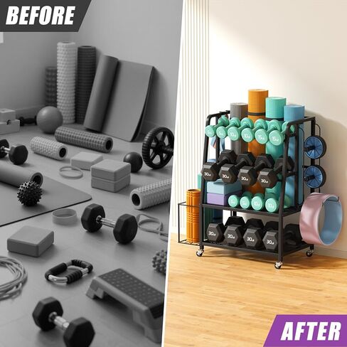 حامل دمبل من VOPEAK لصالة الألعاب الرياضية المنزلية، حامل حامل وزن قابل للتعديل مع عجلات، منظم تخزين فولاذي شديد التحمل للدمبل وحصيرة اليوغا، مع عجلات قفل وخطافات جانبية in Kuwait