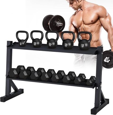 حامل دمبل كيتل بيل ذو طبقتين، إطار فولاذي عالي التحمل، 48 × 17.5 × 27.5 بوصة، سعة وزن 1000 رطل، من أجل كيتل بيل وتخزين الوزن مجانًا، منظمة صالة الألعاب الرياضية المنزلية in Kuwait