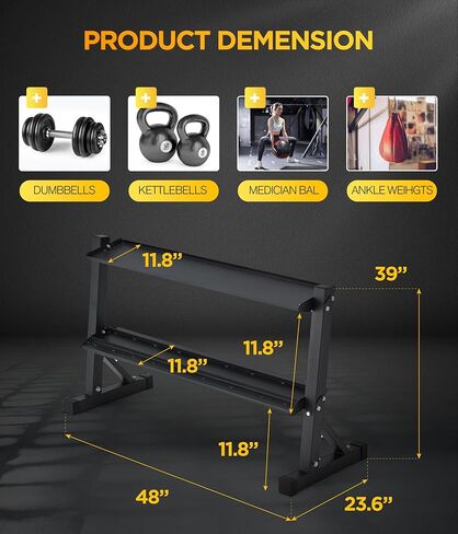 حامل دمبل كيتل بيل ذو طبقتين، إطار فولاذي عالي التحمل، 48 × 17.5 × 27.5 بوصة، سعة وزن 1000 رطل، من أجل كيتل بيل وتخزين الوزن مجانًا، منظمة صالة الألعاب الرياضية المنزلية in Kuwait