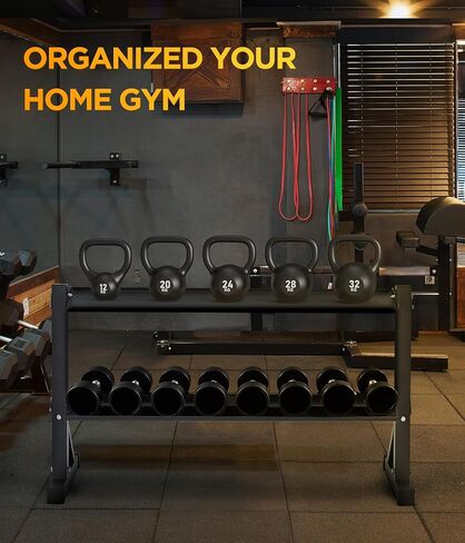 حامل دمبل كيتل بيل ذو طبقتين، إطار فولاذي عالي التحمل، 48 × 17.5 × 27.5 بوصة، سعة وزن 1000 رطل، من أجل كيتل بيل وتخزين الوزن مجانًا، منظمة صالة الألعاب الرياضية المنزلية in Kuwait