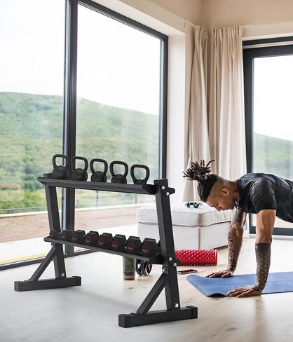 حامل دمبل كيتل بيل ذو طبقتين، إطار فولاذي عالي التحمل، 48 × 17.5 × 27.5 بوصة، سعة وزن 1000 رطل، من أجل كيتل بيل وتخزين الوزن مجانًا، منظمة صالة الألعاب الرياضية المنزلية in Kuwait