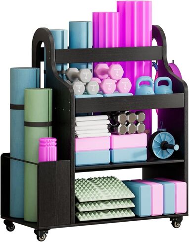 Weight Rack for Dumbbells, Home Gym Storage Rack Yoga Mat Holder with Wheels and Hooks, All in One Workout Storage for Yoga Mat, Foam Roller, Gym Organizer Storage for Home Exercise(Wood) in Saudi Arabia