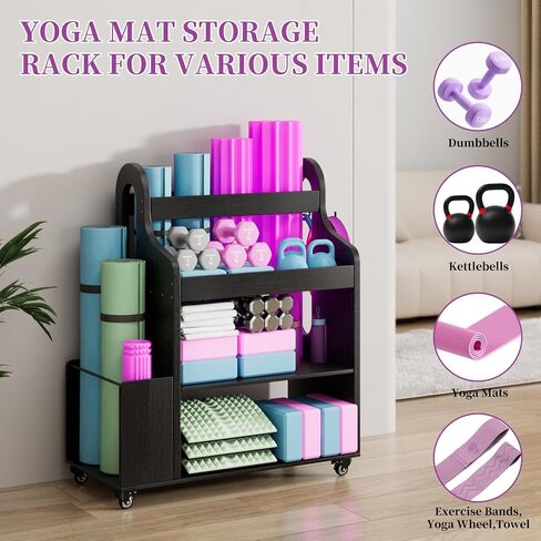 Weight Rack for Dumbbells, Home Gym Storage Rack Yoga Mat Holder with Wheels and Hooks, All in One Workout Storage for Yoga Mat, Foam Roller, Gym Organizer Storage for Home Exercise(Wood) in Saudi Arabia