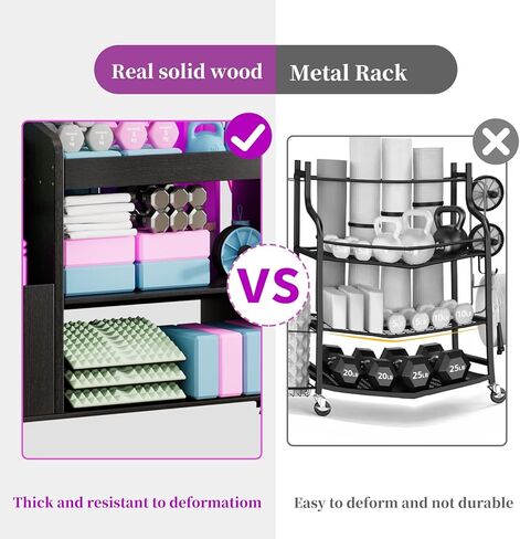 Weight Rack for Dumbbells, Home Gym Storage Rack Yoga Mat Holder with Wheels and Hooks, All in One Workout Storage for Yoga Mat, Foam Roller, Gym Organizer Storage for Home Exercise(Wood) in Saudi Arabia
