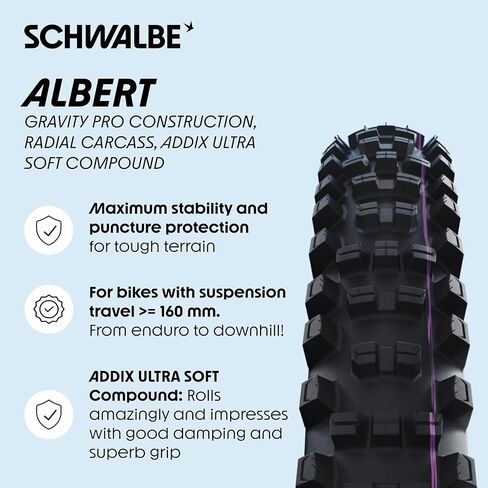 Schwalbe Albert Tyre - 29 × 2.50 ، بلا أنبوب ، طي ، أسود ، خط Evolution ، Trail Pro ، Addix Ultra Soft ، شعاعي ، E -50 in Kuwait