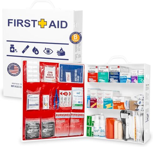 MFASCO OSHA/ANSI 2021 Class B Compliant First Aid Cabinet - Large 3-Shelf Wall Mount Kit for Office, Commercial Businesses - Complete Metal First Aid Box with Supplies - No Medications in Kuwait
